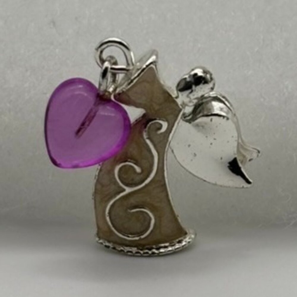 Vintage Avon Lapel Pin, Angel Holding Dangling Purple Heart Silver Tone W/Enamel - Picture 5 of 14